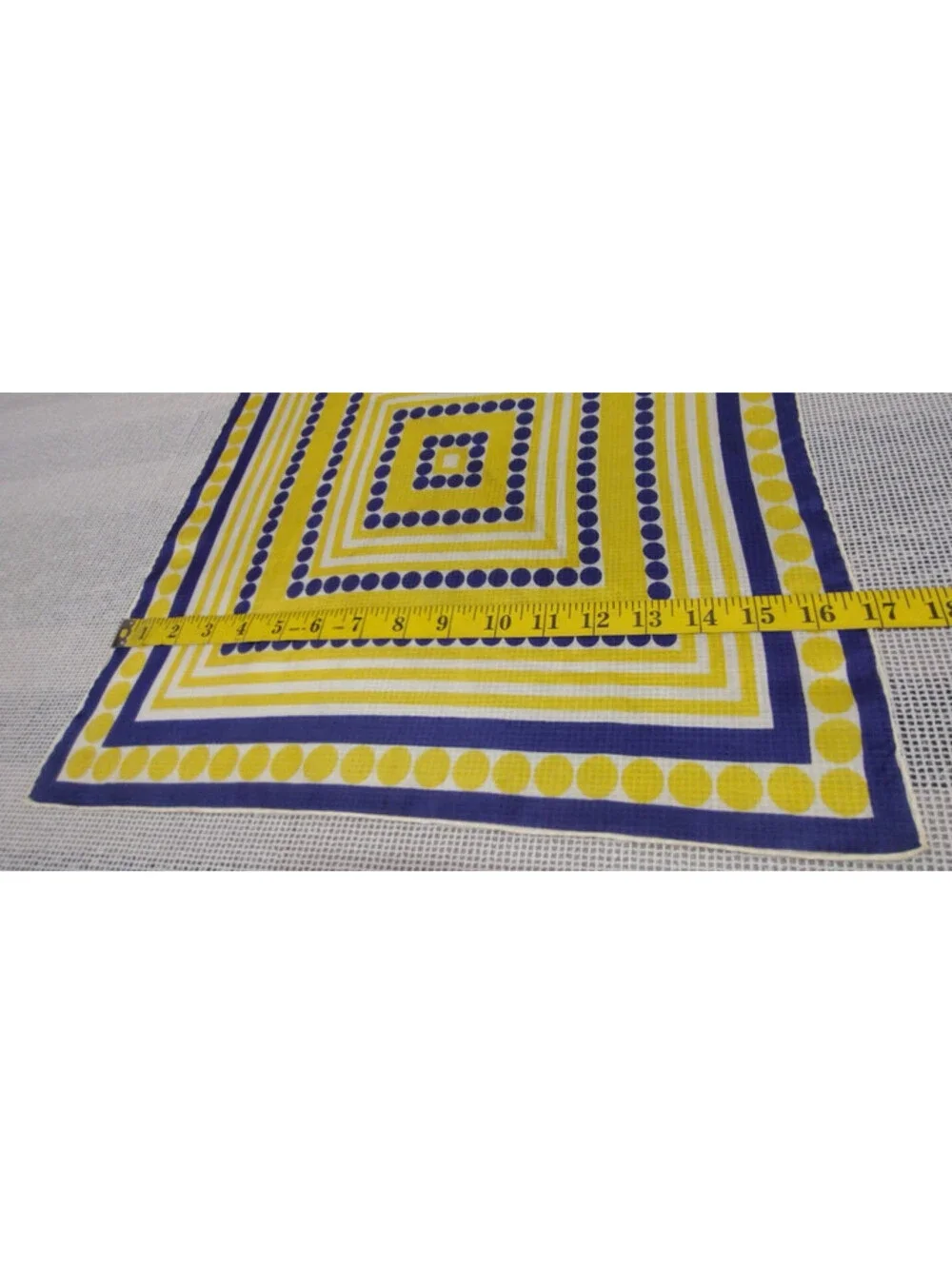 Vintage 1950s Pure Silk Handkerchief Royal Blue Polka Dot White & Yellow Stripes